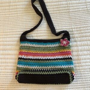 The Sak bag, crochet multicolor stripes with raised flower